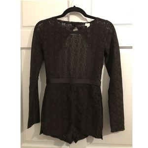 Free People Black Lace Romper Long Sleeve with Back Cut Out